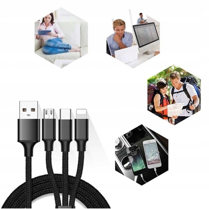Kabel 3w1 do Lightning, Type C, mini USB - iPhone Długość przewodu 1.2 m